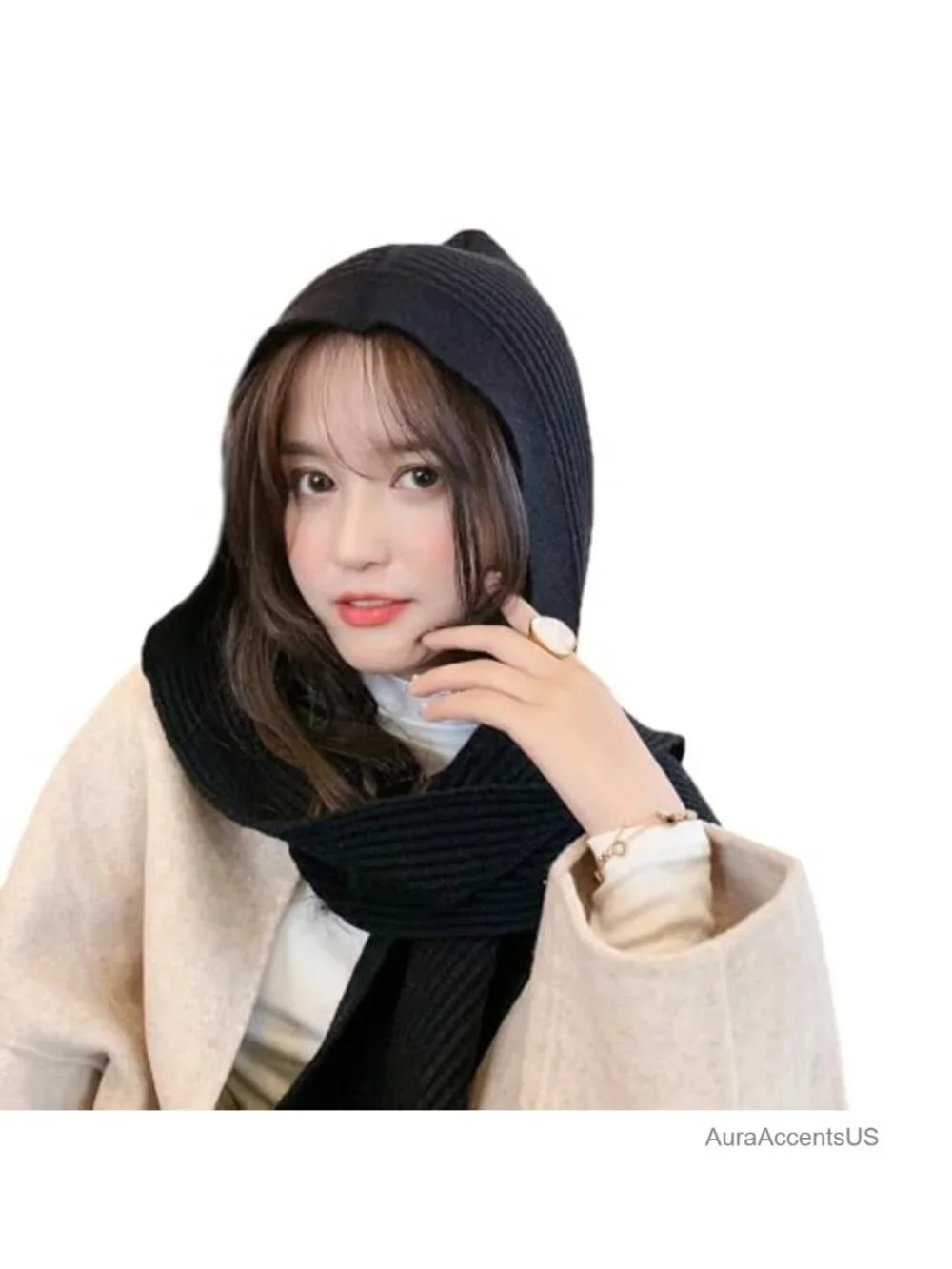 Women Winter Hooded Hat with Attached Scarf Knit Shawl Neck Warmer Acrylic